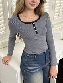 Sparklyn 少女休闲百搭条纹圆领开衫长袖T恤，秋冬季 - 黑色 - 查看 7