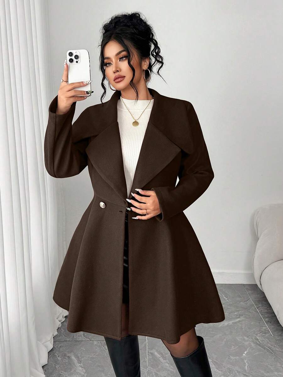Elenzga Plus Size Overcoats With Waist Cinching Design And Metal Buckle - Coffee Brown - View 1