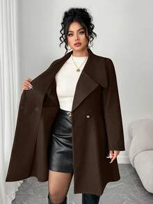 Elenzga Plus Size Overcoats With Waist Cinching Design And Metal Buckle - Coffee Brown - View 7