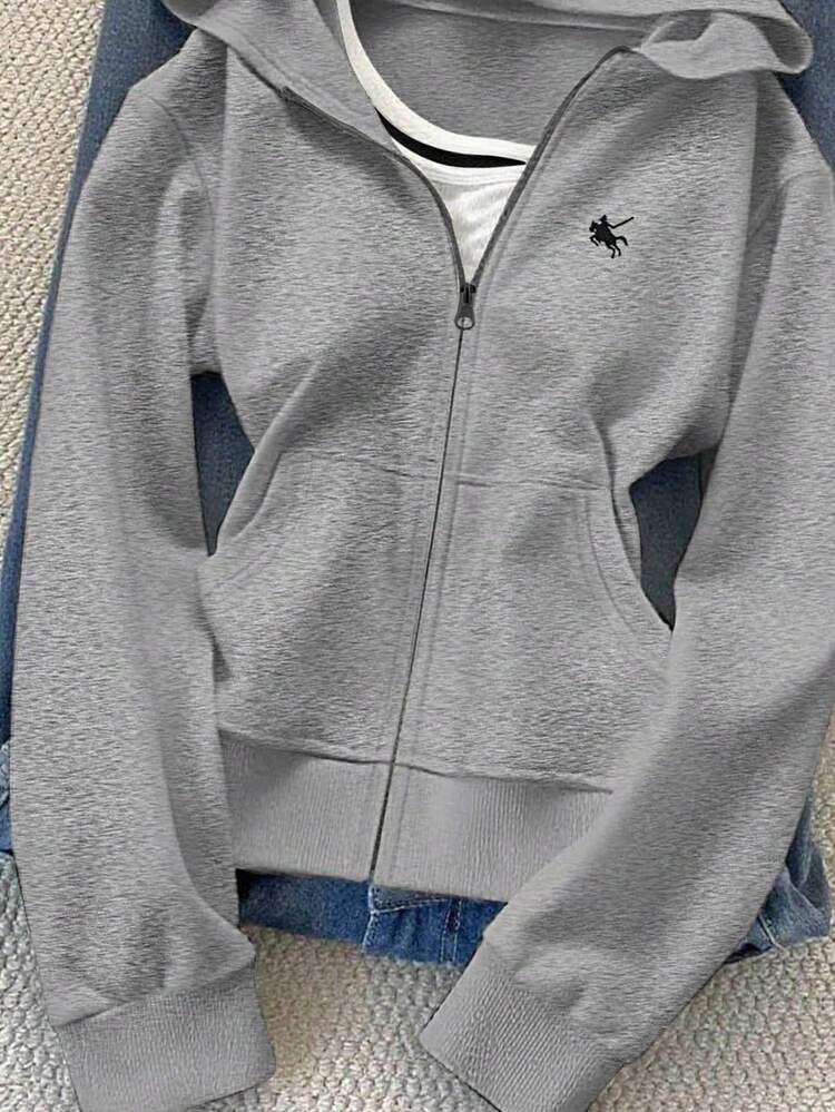 Glimmora Jaqueta de Moletom com Capuz Slim Fit Bordada com Cavalo para Mulheres - Cinza - Visão 3