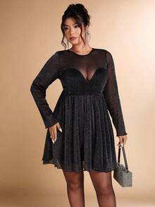 Cravure 大码女式秋冬闪光 A 字型派对连衣裙，适合宴会、聚会、派对 - 黑色 - 查看 4