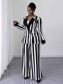 Maweii Bộ vest công sở thường ngày cho nữ cỡ lớn, cổ ve kẻ sọc, áo khoác dài tay và quần ống rộng - Đen và trắng - Xem 6