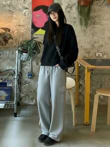 DAZY 秋冬女士宽松圆领纯色保暖内衬运动衫 - 黑色 - 查看 3