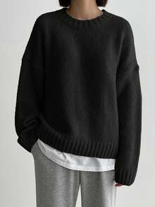 DAZY Solid Color Crew Neck Casual Long Sleeve Sweater,Long Sleeve Tops,Fall Women Clothes - Black - View 2