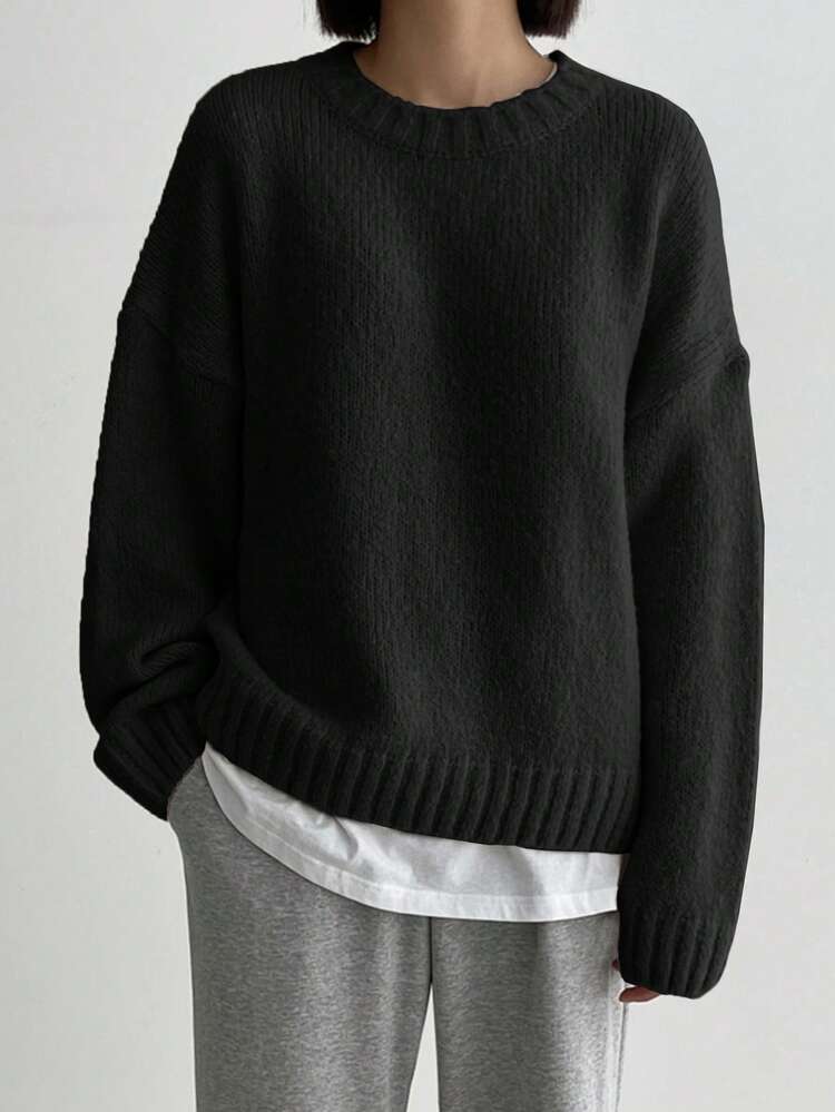 Solid Color Crew Neck Casual Long Sleeve Sweater,Long Sleeve Tops,Fall Women Clothes