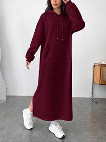 SHEIN EZwear Wine Red Drop Shoulder Long Sleeve Fashionable Loose Drawstring Hooded Long Knit Sweatshirt Winter Dress For Women Hooded Dress 2 Pieces Casual Sets Woman Oversized Sweatshirt Women Comfortable Two Pieces Set - Burgundy - View 3
