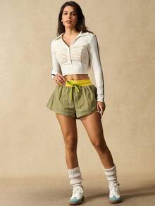 VARSIVA Women's Casual Outdoor Lace-Up Wide Leg Sports Shorts Women Green Shorts Activewear Women Shorts For Summer Loose Workout Shorts Women Shorts With Pockets Women Summer Shorts, Suitable For Yoga, Running, Fitness, Holiday And Vacation - Multicolor - View 3