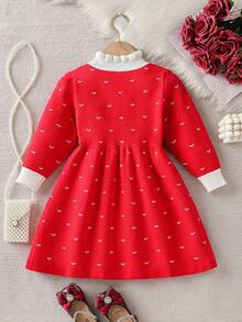 Sparklyn Young Girls' Cute Versatile Autumn/Winter New Sweet Heart Jacquard Dress With Ruffled Collar, Long-Sleeve Knit Dress For Festivals Christmas Girls Dress Autumn And Winter Young Girls Dress Girl Spring And Autumn Dress Girls Knitted Dress Girls Red Dress Girls Spring And Autumn Dress Red Knitted Dress - Red - View 2