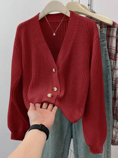 SHEIN Teen Girls' Solid V-Neck Cropped Casual Loose Drop Shoulder Long Sleeve Cardigan Sweater, Autumn