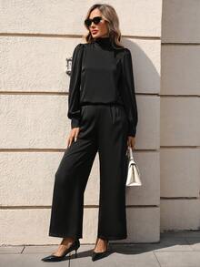 Franclia Women's Satin Texture Long Sleeve Set: Elegant Satin Backless Tie Design Long Sleeve Top And Wide Leg Straight Pants, Chic And Versatile Commuter Suit, Autumn Luxurious Minimalist Black Long Sleeve Two Pieces Set, Graceful Mature Style, Early Autumn Blouse And Pants Set - Black - View 5