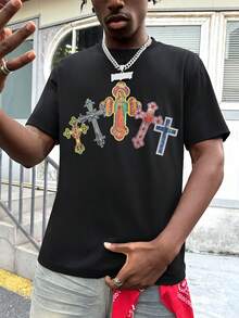 Manfinity Dauomo Comfortable Men's Solid Loose Crew Neck T-Shirt, Our Lady Of The Cross Print T-Shirt, Crew Neck, Short Sleeve, Concert Wear T-Shirt, Vintage Shirt, Graphic T-Shirt, Funny Shirt, Friend Gift, - Black - View 3