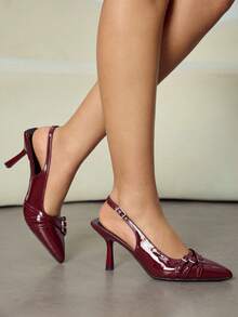 CUCCOO SZL 女士尖头搭扣设计时尚高跟鞋，适合日常穿着 - 酒紅色 - 查看 3
