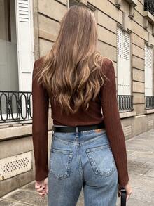 SHEIN PariChic Vintage Chic Coffee Brown Autumn Casual Everyday Textured V-Neck Single-Row Button Ruched Slim-Fit Long-Sleeve Knitted Cardigan T-Shirt Retro Blouse - Brown - View 2