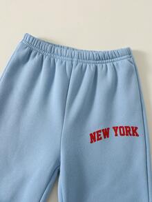 2件套婴儿男女童休闲运动灰色字母印花长袖连帽衫和运动裤套装，秋冬季 - 藍色 - 查看 2