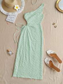 KARISMINA 女式度假休闲针织纹理镂空单肩抽绳高开衩连衣裙 - 淡綠 - 查看 6