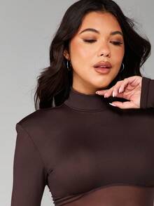 MISSGUIDED Women's Mesh Panel High Neck Long Sleeve Bodycon Maxi Evening Dress With Sheer Waist Detail