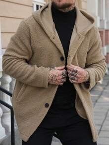Manfinity Homme Manteau long à capuche casual à simple boutonnage de couleur unie pour hommes, manteau d'hiver pour hommes avec capuche en fourrure, automne/hiver - Kaki - Voir 5
