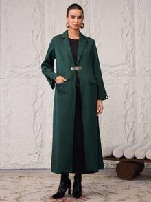 Al Najma Women's Solid Color Lapel NeckLong Sleeve Pocket Elegant Arabic Abaya - Green - View 3