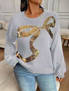 EMERY ROSE Plus Size Women's Casual Bow Sequin Round Neck Drop Shoulder Long Sleeve Sweater, Autumn/Winter - Grey - View 3