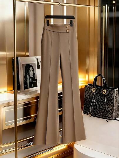 Franclia Women's Simple, Casual, And Elegant Brown Flared Trousers With Button Details, Suitable For Commuting.Winter Clothes For Women,Summer,Spring,Valentine's Day,Valentines Day Outfit,Carnival,Beach,Party,Birthday,Gym,Going Out,Elegant,Vacation,Casual,Y44k,Graduation Season Attire, Fashionable Casual Commuter Wear, Business Office Wear, Versatile And Stylish Everyday Casual Wear, Urban Teacher's Professional Attire