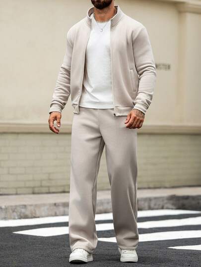 Manfinity Homme Plus Size Men's Solid Color Long Sleeve Zip-Up Jacket And Pants Casual Suit Men S Jogging Set Cream Outfit Men Beige Men Outfit Men Sweatsuits Outfit