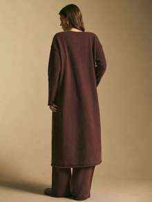 Poéselle 女士休闲纯色开衫和针织裤两件套，秋冬 - 棕色 - 查看 8