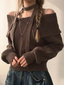 DAZY 女士翻领露肩修身短款毛衣 - 棕色 - 查看 4