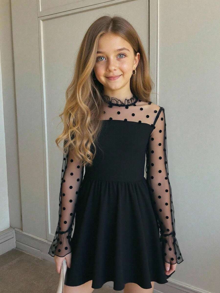 SHEIN 女童黑色波尔卡圆点网眼拼布腰圣诞连衣裙，适合秋冬季，红色圣诞节，派对装，日常上学装，生日装，公主裙 - 黑色 - 查看 1