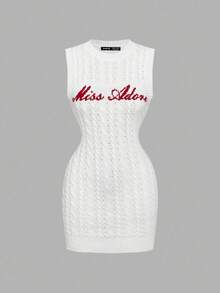 SHEIN MOD 女士休闲印花无袖针织毛衣裙，简约风格 - 白色 - 查看 5