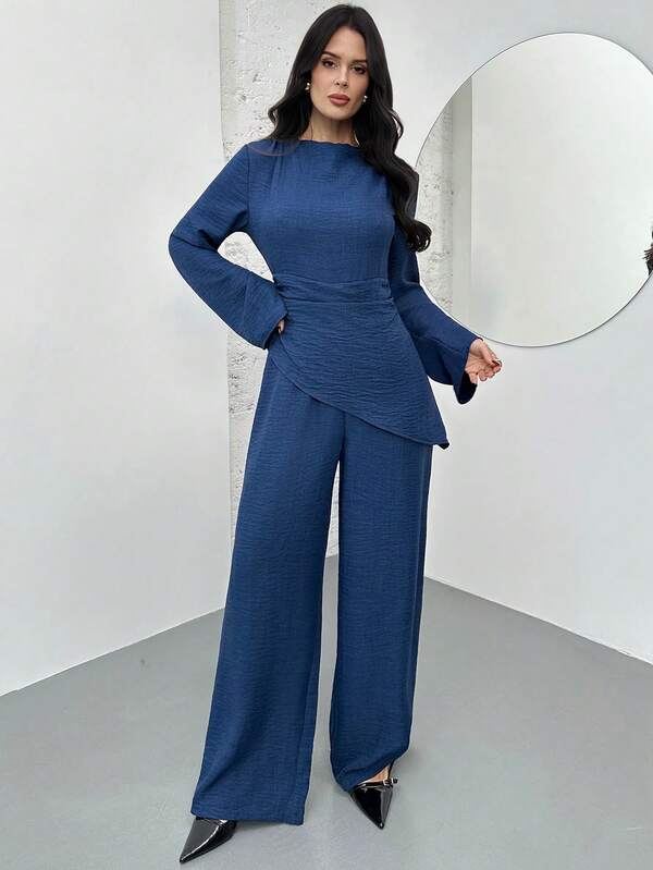 Firerie Women's Navy Blue Elegant Casual Commuter Office Outfit, Asymmetric Ruffle Waist Long Sleeve Blouse + Regular Pleated Wide Leg Pants Set, Linen-Like Commuter Suit, Beach Outfit, Airport Outfit, Vacation Outfit, Teacher Uniform, Suitable For Spring, Autumn, Winter, Elegant, Commuter, Casual, Daily, Minimalist, Work Attire
