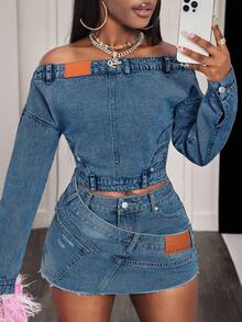 BamGleam Fashionable Casual Shoulder Denim Top For Women - Medium Wash - View 3