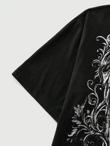 ROMWE MEN Street Life Men's Casual Rhinestone Letter & Wing Graphic T-Shirt - Black - View 4