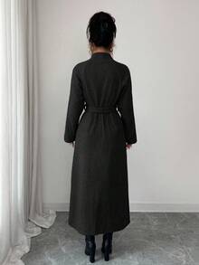 SHEIN Elenzya 女士加厚面料立领插肩袖腰部抽绳设计优雅教师/学生外套，生日礼物、约会、派对、独立日、网络星期一、万圣节、双十一、返校派对 - 黑色 - 查看 2