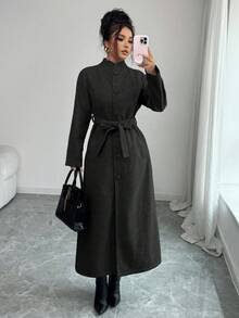 SHEIN Elenzya 女士加厚面料立领插肩袖腰部抽绳设计优雅教师/学生外套，生日礼物、约会、派对、独立日、网络星期一、万圣节、双十一、返校派对 - 黑色 - 查看 5