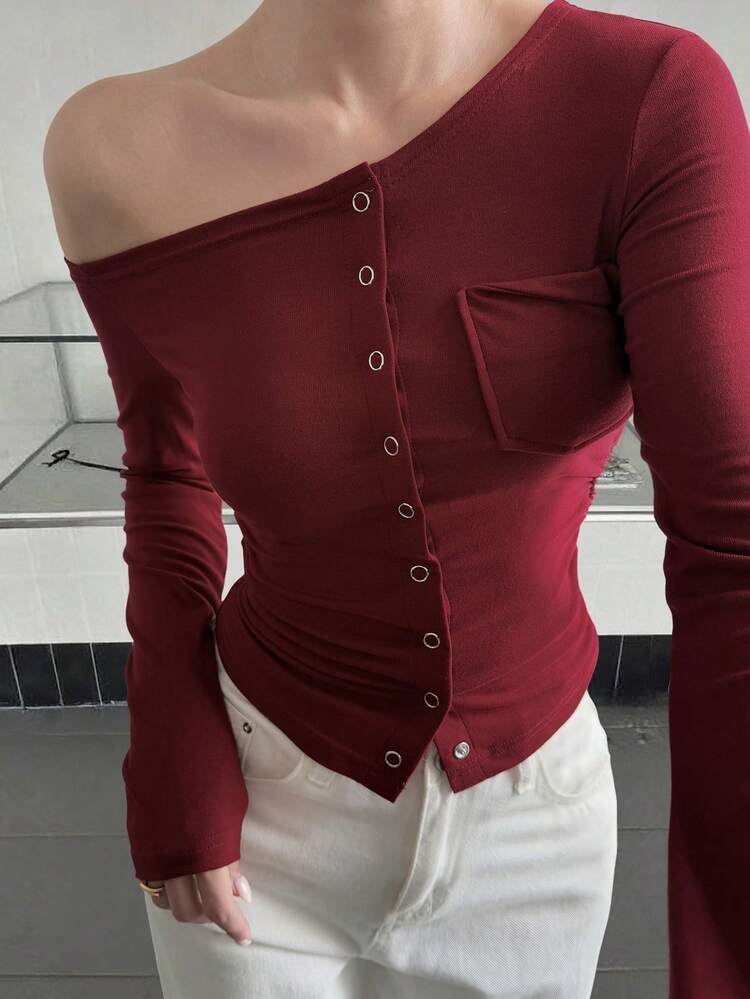 1pc Off-Shoulder Fitted Pocket Decor Women T-Shirt