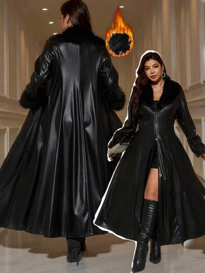 Gownix Chaqueta larga de piel sintética con parches de piel de imitación de unicolor con cremallera y manga larga, para otoño/invierno, talla grande