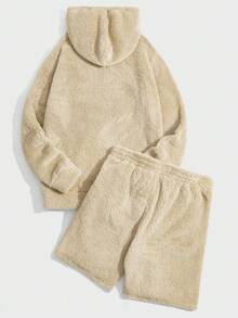 EASEVO 加大码男士字母贴布抓绒连帽衫短裤套装，秋冬款