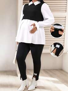 SHEIN 秋季服装，秋季孕妇装，孕妇加大码两件套，长袖上衣搭配可调节腰裤，休闲套装，加大码套装，打底裤，加大码女装，时尚加大码，加大码打底裤，加大码紧身裤，加大码女装两件套，曲线加大码，加大码套装，开衩打底裤，女士打底裤 - 黑與白 - 查看 2