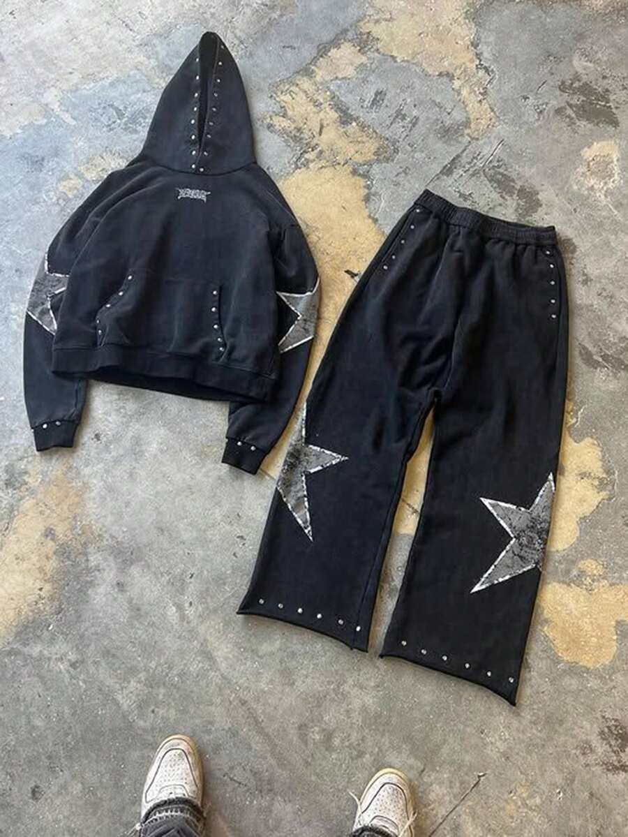 SHEIN Set de 2 piezas de ropa informal para niños/preadolescentes varones, que incluye sudadera con capucha con estampado gráfico y pantalón de chándal de pierna recta de punto - Negro - Ver 1