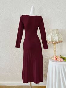 Feyla Vestido de Malha Ajustado com Decoração Floral Vestido Tipo Suéter em Linha A para Outono/Inverno - Vinho - Visão 8