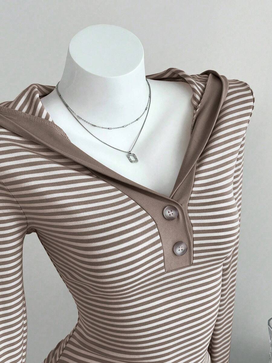 Elamini Women's Retro Casual Minimalist Solid Desire Pink Striped V-Neck Button Sweatshirt, Autumn - Brown - View 1