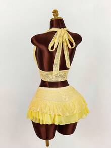 Amplova 女士蕾丝吊带两件套，性感黄色蕾丝裙搭配露背上衣 - 黃色 - 查看 7