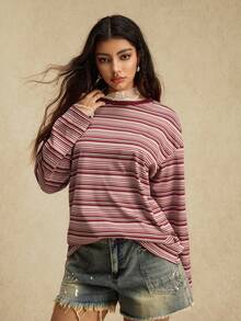 Easelle Casual Vintage Pink Striped Knit Women T-Shirt Top Summer For Women Round Neck Long Sleeved Comfortable - Multicolor - View 5