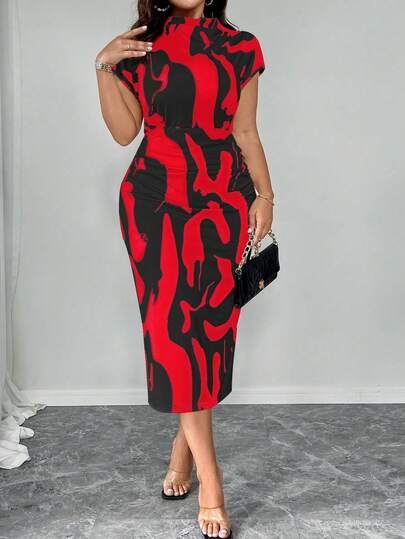 Elenzga Vestido maxi de manga corta con cuello plisado y estampado total para mujer de talla grande