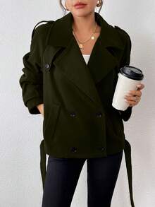 Chiquease Collared Short Utilitarian Design Casual Jacket - Army Green - View 4