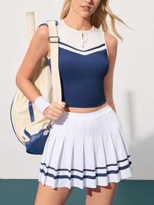 CourtClass Women's Round Neck Button Design Fitted Contrast Color Tennis Tank Top Athletic Top - Multicolor - View 5