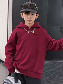 DAZY Tween Boy Casual Loose Solid Color Fleece Sweatshirt, Basic Style For Students, Cool Autumn