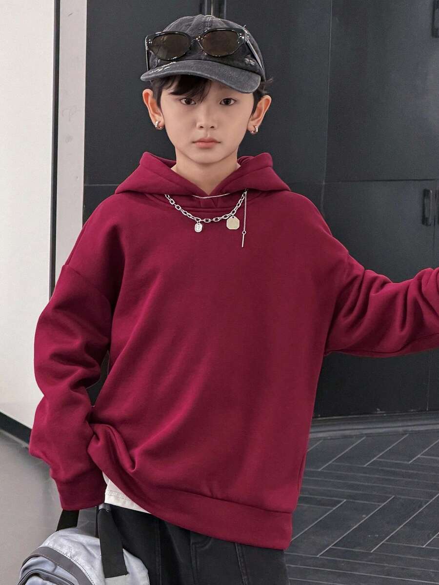 DAZY Tween Boy Casual Loose Solid Color Fleece Sweatshirt, Basic Style For Students, Cool Autumn