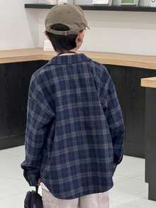 Dazy Kids Tween Boys' Loose Casual Plaid Shirt, Autumn - Navy Blue - View 9