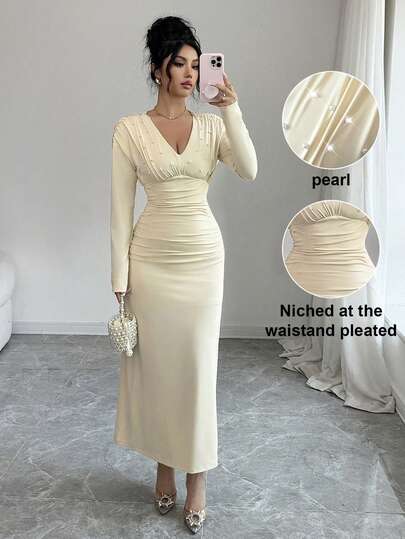 Rafferiza Vestido largo elegante de mujer con cuello en V y decoración de perlas falsas, otoño